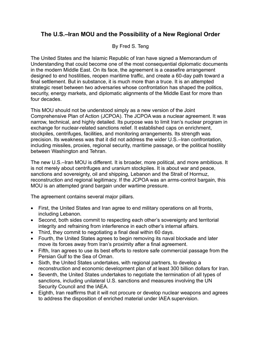 The U.S.–Iran MOU and the Possibility of a New Regional Order